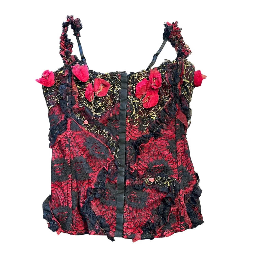 Y2K Bebe Red Black Floral Lace Corset Top 3D Rose Gold Embroidery Small Vintage